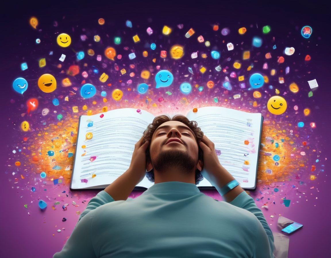 A vibrant, digital diary transforming into an engaging social media profile, showcasing posts, likes, and followers. Include a person joyfully writing in the diary, with captivating emojis and digital elements swirling around. The background should be dynamic and colorful, representing the growth of online influence. super-realistic. vibrant colors. 3D.