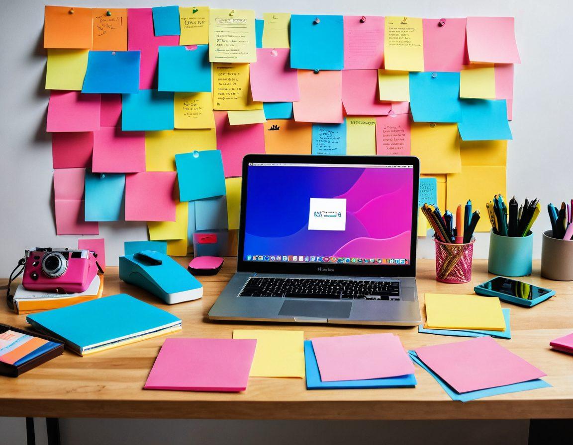 A dynamic workspace showcasing a laptop surrounded by colorful sticky notes and digital tools like a camera, microphone, and graphics tablet. In the background, silhouettes of enthusiastic readers interacting with engaging blog content on various devices. Bright, inviting colors that evoke creativity and collaboration. super-realistic. vibrant colors. white background.
